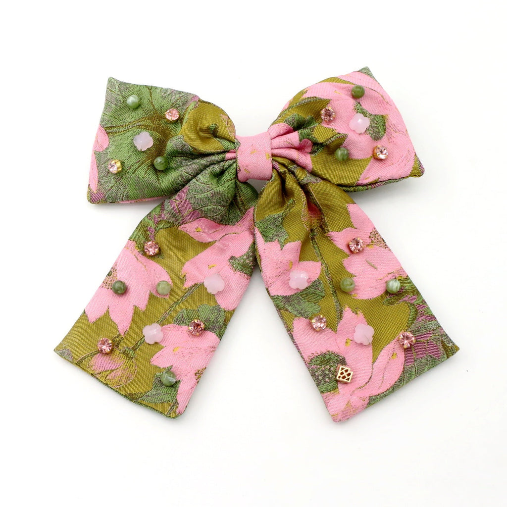 Lotus & Lilly Pads Bow Barrette with Hand-Sewn Crystals